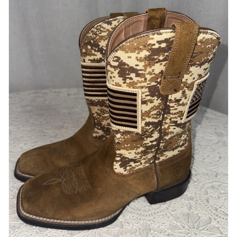 Ariat Patriot Boots Boys Sz 7.5 EE Brown Camo Square Toe Western Cowboy Flag USA